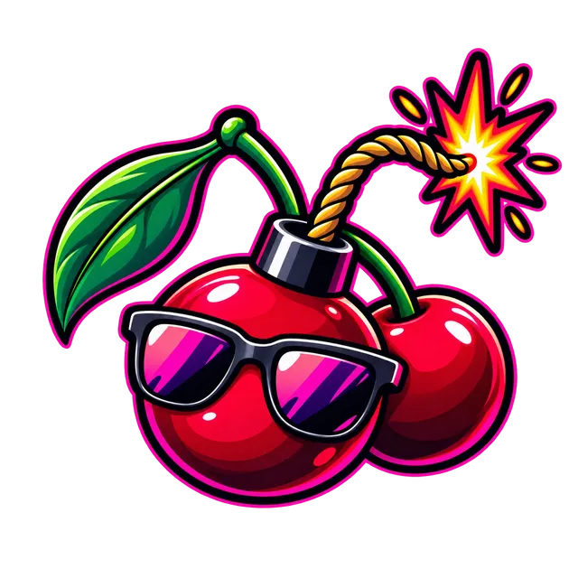 The CherryBomb mascot: two cherries with a lit fuse and sunglasses