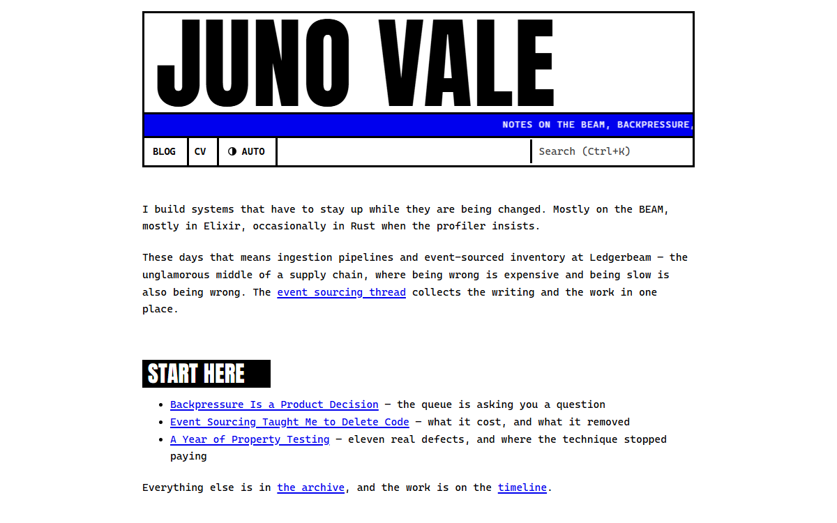 The brutalist theme blog index: a black-bordered title box, a blue ticker strip and a ruled table