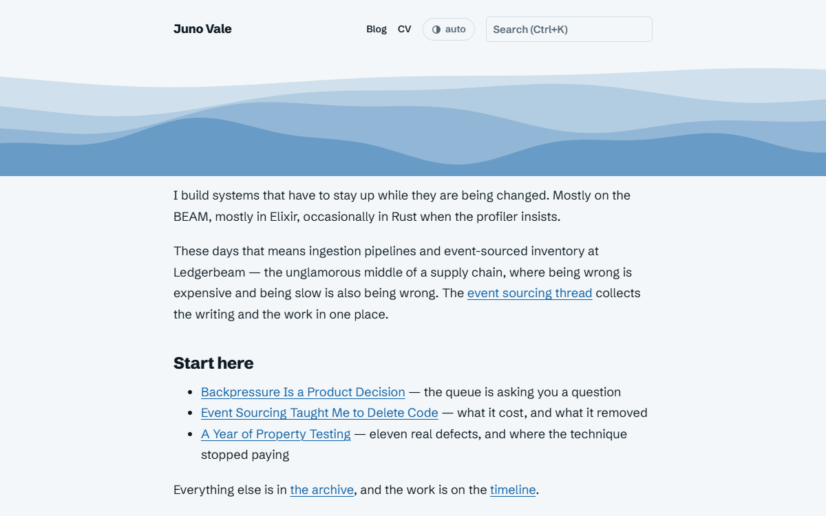 The tideform theme post page: layered blue waves under the header above a bold title