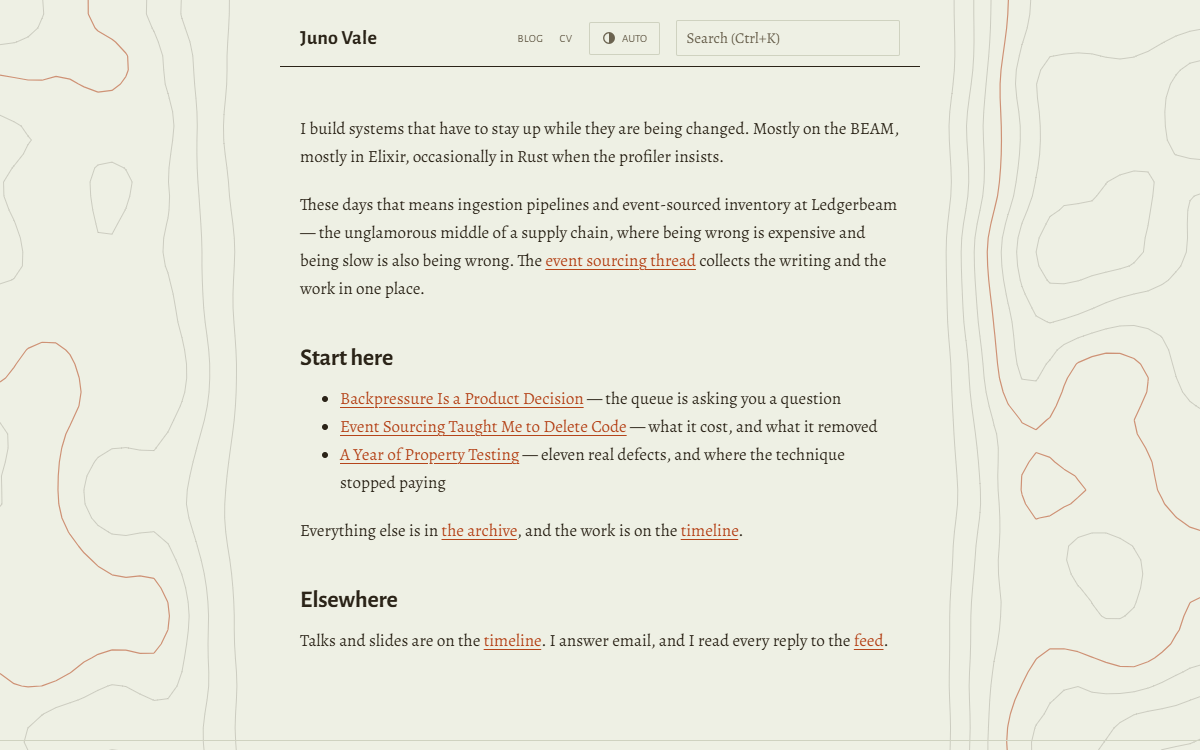 The topo theme post page: contour lines at both margins around a clear reading column