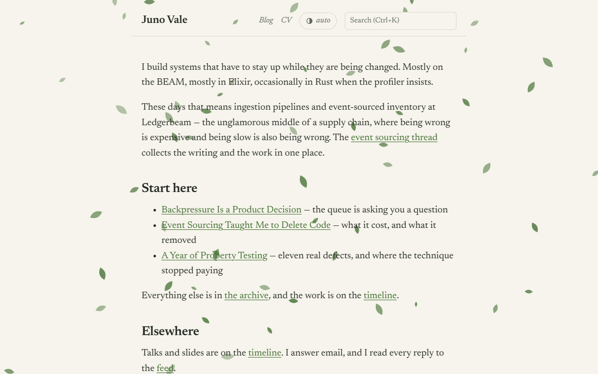 The sylva theme blog index: green leaves drifting behind a serif list grouped by year